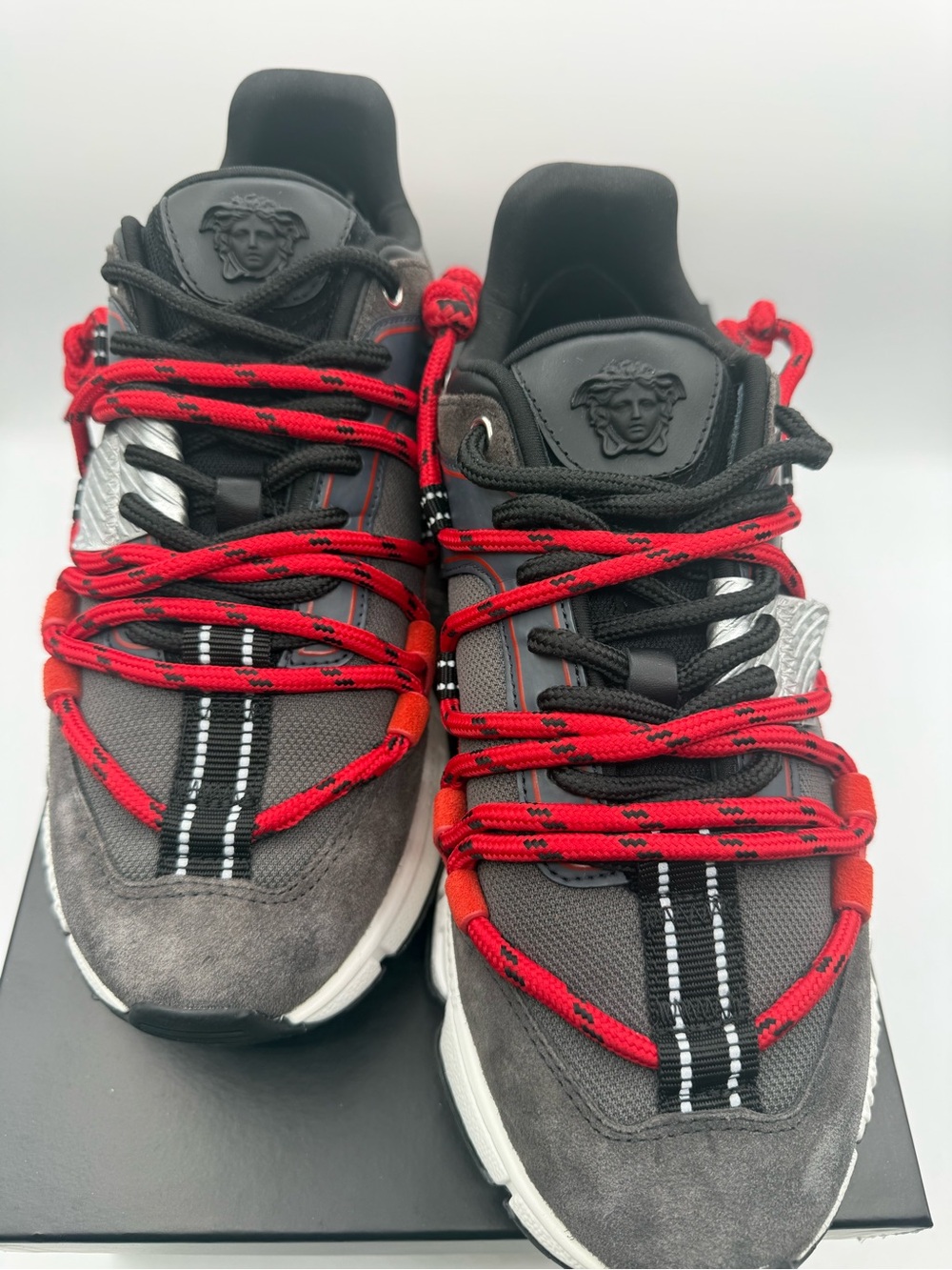 Versace Trigreca Sneakers  NIB Gray/Red Suede Greca Sole EU 39 made in  Italy